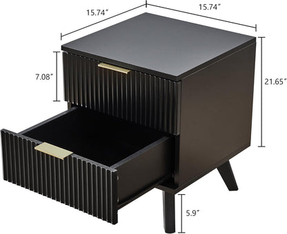 Fluted Nightstand, Mid Century Modern 2 Drawer Bedside Table for Bedroom, Small Dresser Night Stand Side Table End Tables with Wood Drawer Storage for Bedroom Closet(Black)