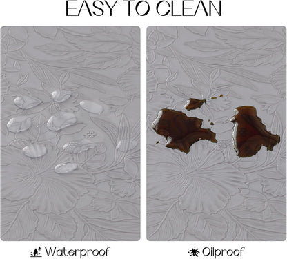 Romanstile Vinyl Placemats Set of 8-12 X 18 Inch - Heat Resistant Non-Slip Embossed Floral Place Mats 100% Waterproof Oilproof Wipeable Faux Leather Table Mats for Kitchen/Dining/Party, Grey