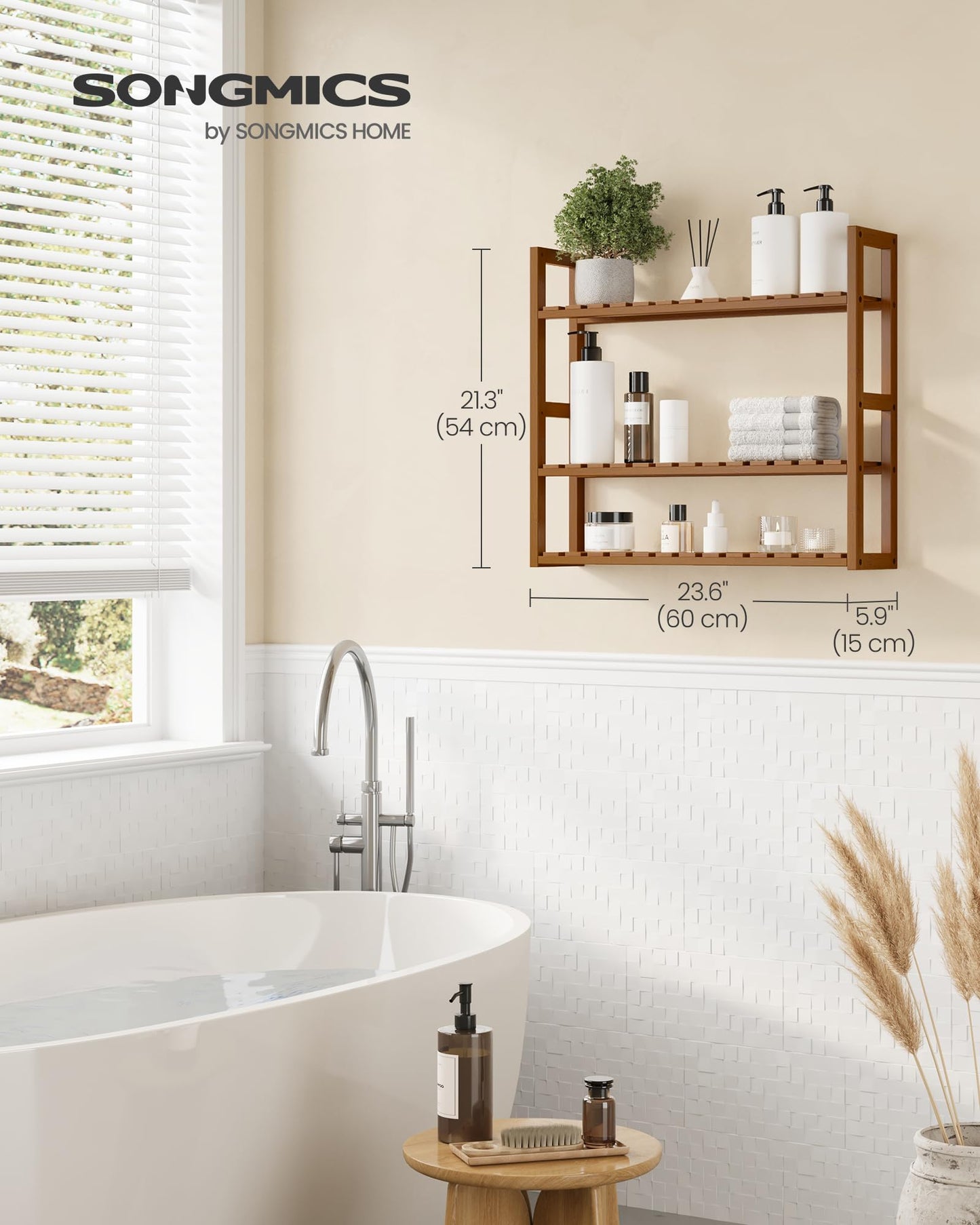 SONGMICS Bamboo Bathroom Shelf, 3-Tier Adjustable Plants Rack, Wall-Mounted or Stand, in The Living