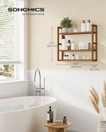 SONGMICS Bamboo Bathroom Shelf, 3-Tier Adjustable Plants Rack, Wall-Mounted or Stand, in The Living