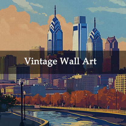 WREVERW Vintage Philadelphia Poster Canvas Print with Wooden Hanger Frame, Featuring Skyline and Schuylkill River, Wall Art for Home and Office Decor, 16x23 inches