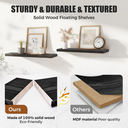 24"x6.8"x1.2" Solid Wood Floating Shelves 2-Pack - Rustic Black Finish with Hidden Brackets, Perfect for Storage and Décor in Living Room, Kitchen, Bedroom