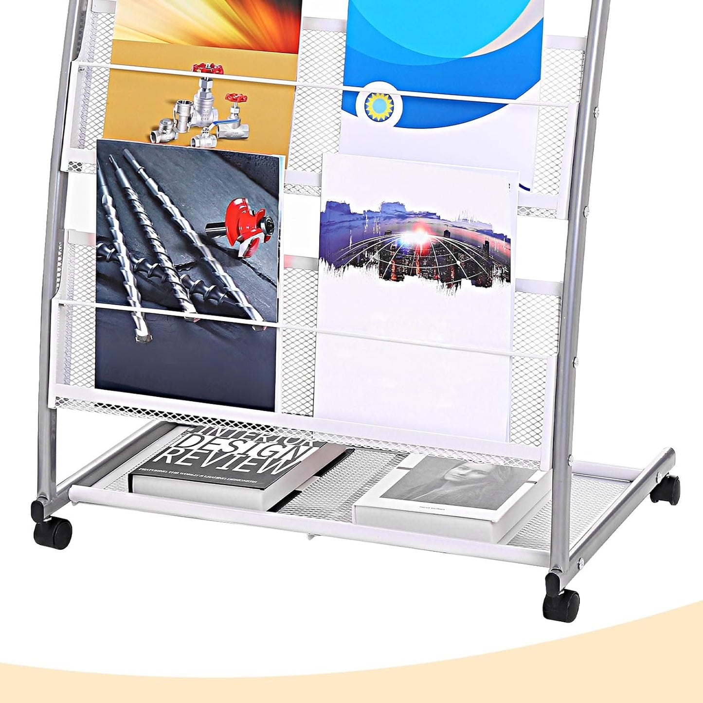 PATIKIL L-shaped Magazine Display Racks Floor Standing 4 Layers Brochure Stand Catalog Literature Holder with Wheels for Hotel, Exhibition, Trade Show, Office