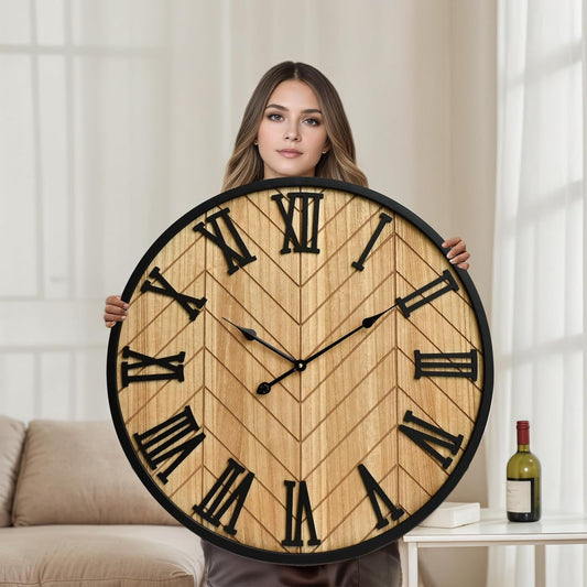 30 Inch Large Wall Clock Farmhouse Style - Brown Silent Non-Ticking Rustic Decor for Living Room, Kitchen, Bedroom