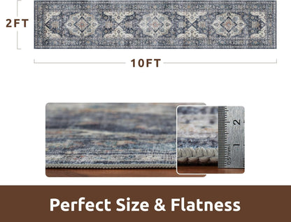 AMOAMI-2X10 Runner Rug-Washable Runners for Hallways-Soft Non Slip Bedside Rugs for Bedroom-Vintage Long Rug for Hallways Entryway Laundry Room Stair Kitchen Bathroom Blue