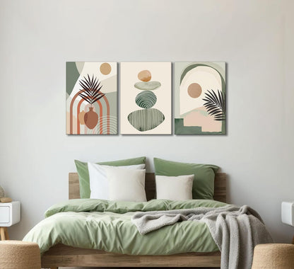 3 Pcs Mid Century Modern Boho Abstract Canvas Wall Art Neutral Green Bohemia Sun and Plant Pictures Wall Decor Posters Print Artwork for Living Room Bedroom Bathroom Office Home Decoration