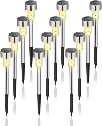 GIGALUMI Solar Lights Outdoor Waterproof, 12 Pack, Stainless Steel LED Solar Garden Lights for Patio, Lawn, Yard and Landscape, Garden Decor Patio Decor,Warm White