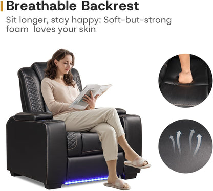 ANJ Power Theater Recliners Set of 3, Electric Home Theater Seating, Black Faux Leather Recliner with Adjustable Headrest, Movie Recliner Theater Chairs with LED,USB, Cup Holders, Hidden Arm Storage