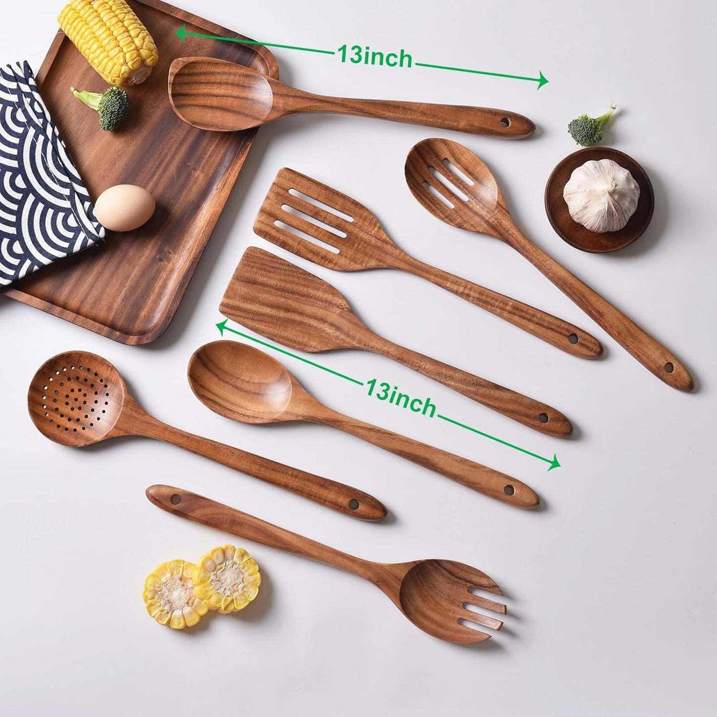 Gudamaye 13 inch Long Wooden Utensils for Cooking, Long Handle Wooden Spoons for Cooking, 7 PCES Crafting Wooden Spoon Set, Wooden Kitchen Utensil set, Natural Teak Wooden utensil Set