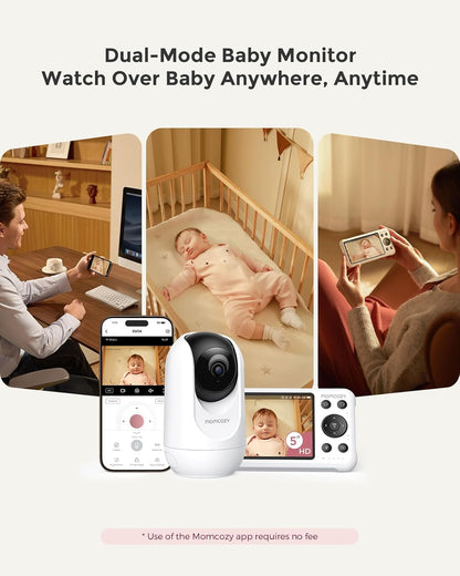 Momcozy Smart WiFi Baby Monitor with Camera and Audio, 5" 1080P Screen with Wall Mount, Motion & Cry Detection, Safe Fence, Clear Night Vision, 5000mAh Battery, 2-Way Talk, Photo & Video Recording