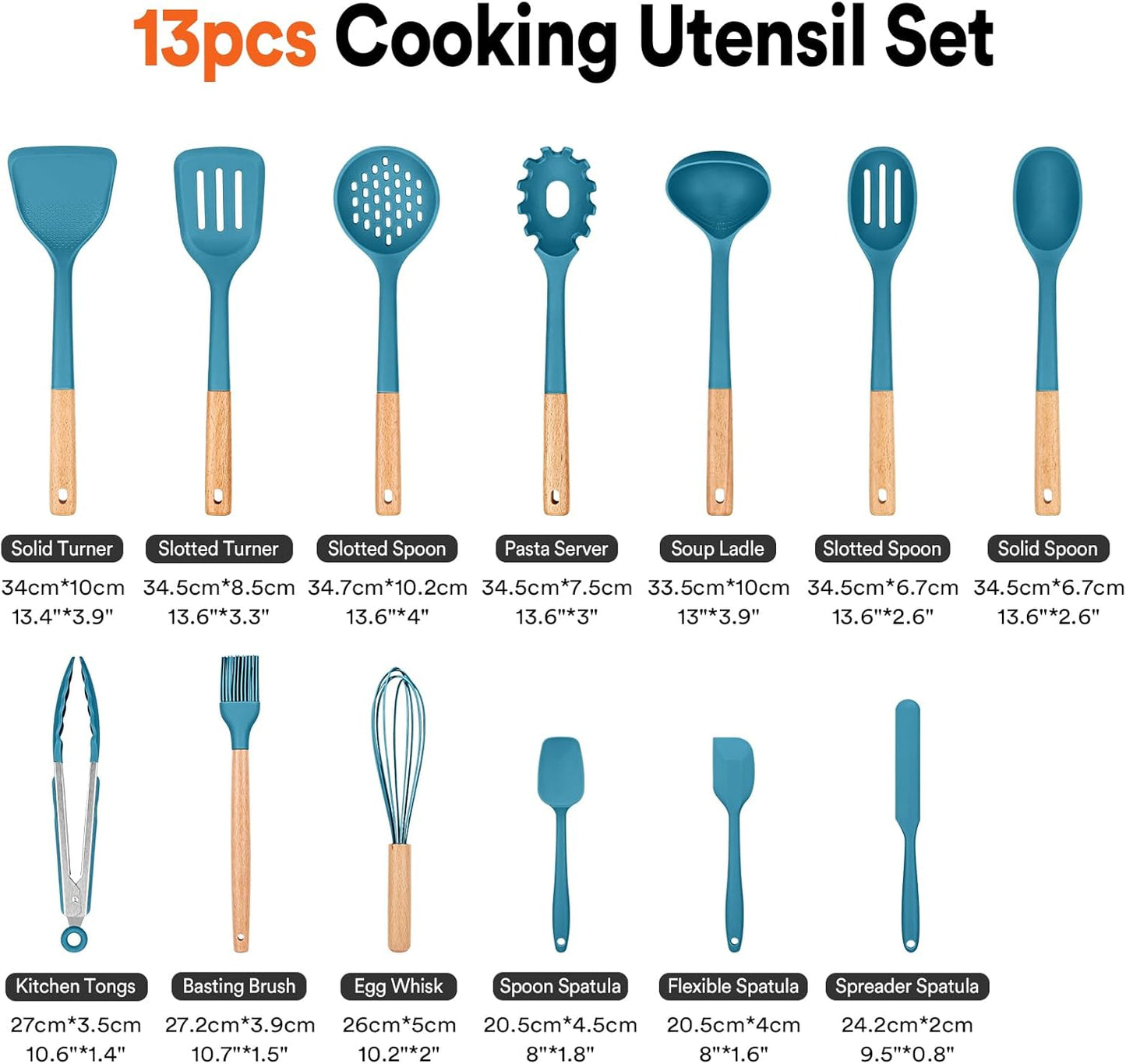 Kitchen Utensils Set, 13PCS Silicone Cooking Utensils, Heat Resistant Kitchen Utensil Spatula Set for Nonstick Cookware, Wooden Handles Kitchen Gadgets Tools Set (BLUE)