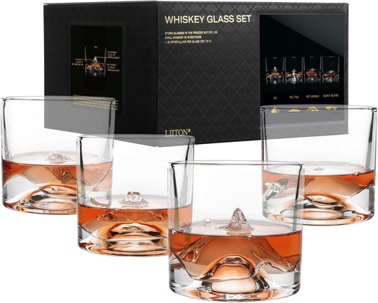 The Peaks Heavy Crystal Whiskey Glasses Gift Set of 4, Thick Freezable Bourbon Glass 1lb Each