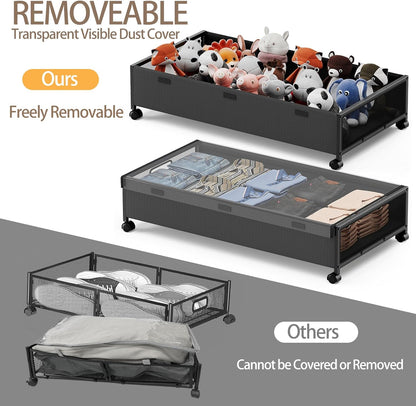 Under Bed Storage Containers with Wheels, 2 Pack Underbed Shoe Storage Organizer with Removable Lids, Large Rolling Under Bed Storage Dresser Drawers for Clothes Toys Shoes Blankets