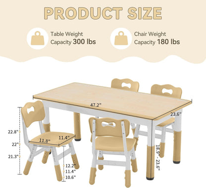 Kids Study Table and Chairs Set, Height Adjustable Toddler Table and Chair Set for Kids Ages 3-8, Graffiti Desktop (Wooden Brown)