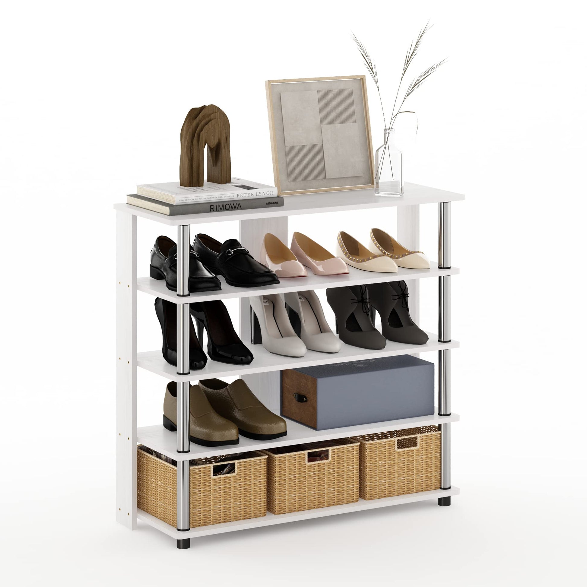 Furinno Turn-N-Tube 5 Tier Wide Shoe Rack, White Oak, Stainless Steel Tubes 32 Inch