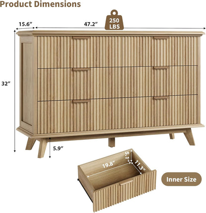 QUW Fluted Dresser for Bedroom with 6 Drawers, 47.2" Wide Modern Chest of Drawers with Metal Handle, Wooden Dresser TV Stand and Closet Clothes Storage Organizer for Living Room, Hallway, Natural Oak