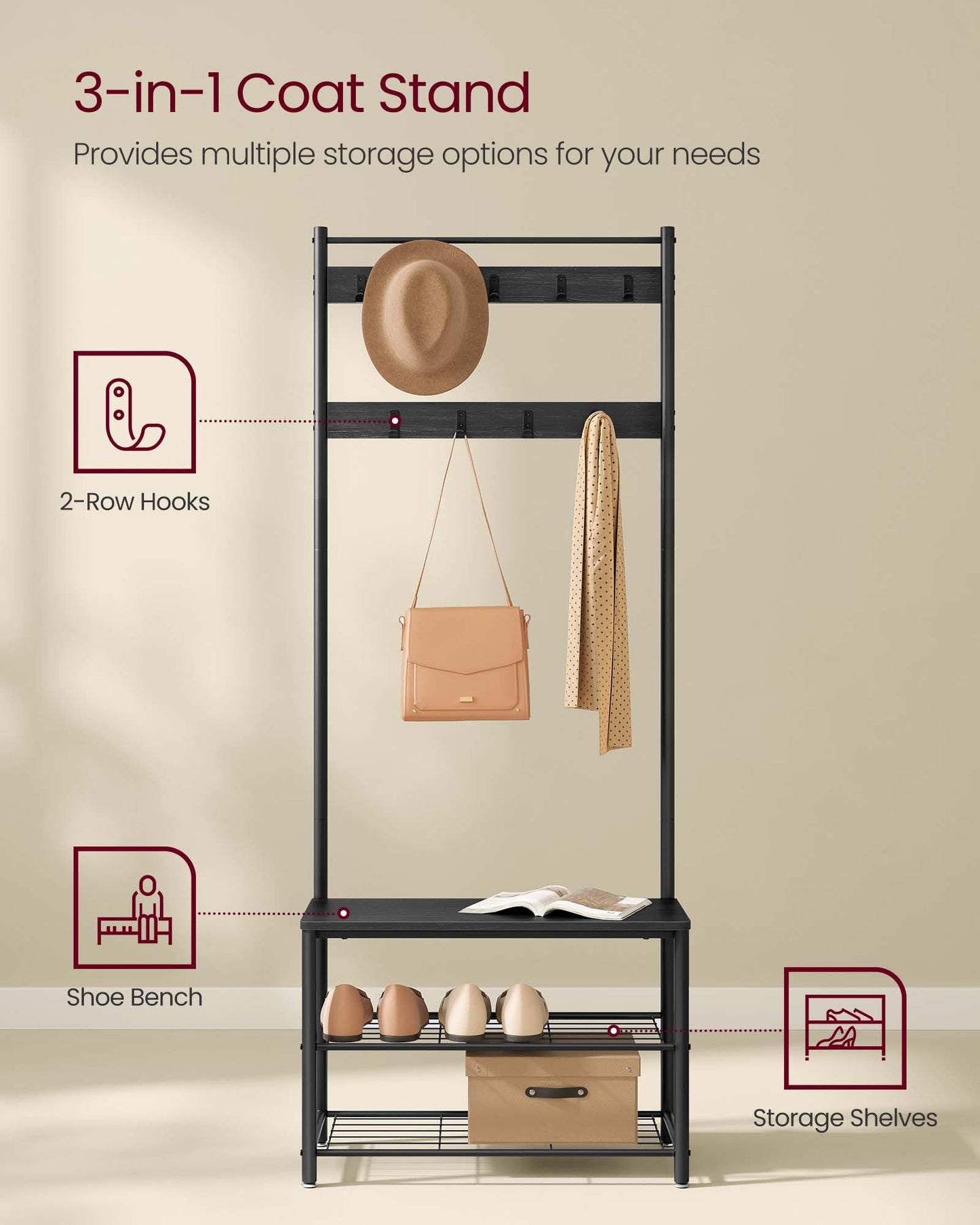 VASAGLE Coat Rack, Hall Tree with Shoe Storage Bench, Entryway Bench with Shoe Storage, 3-in-1