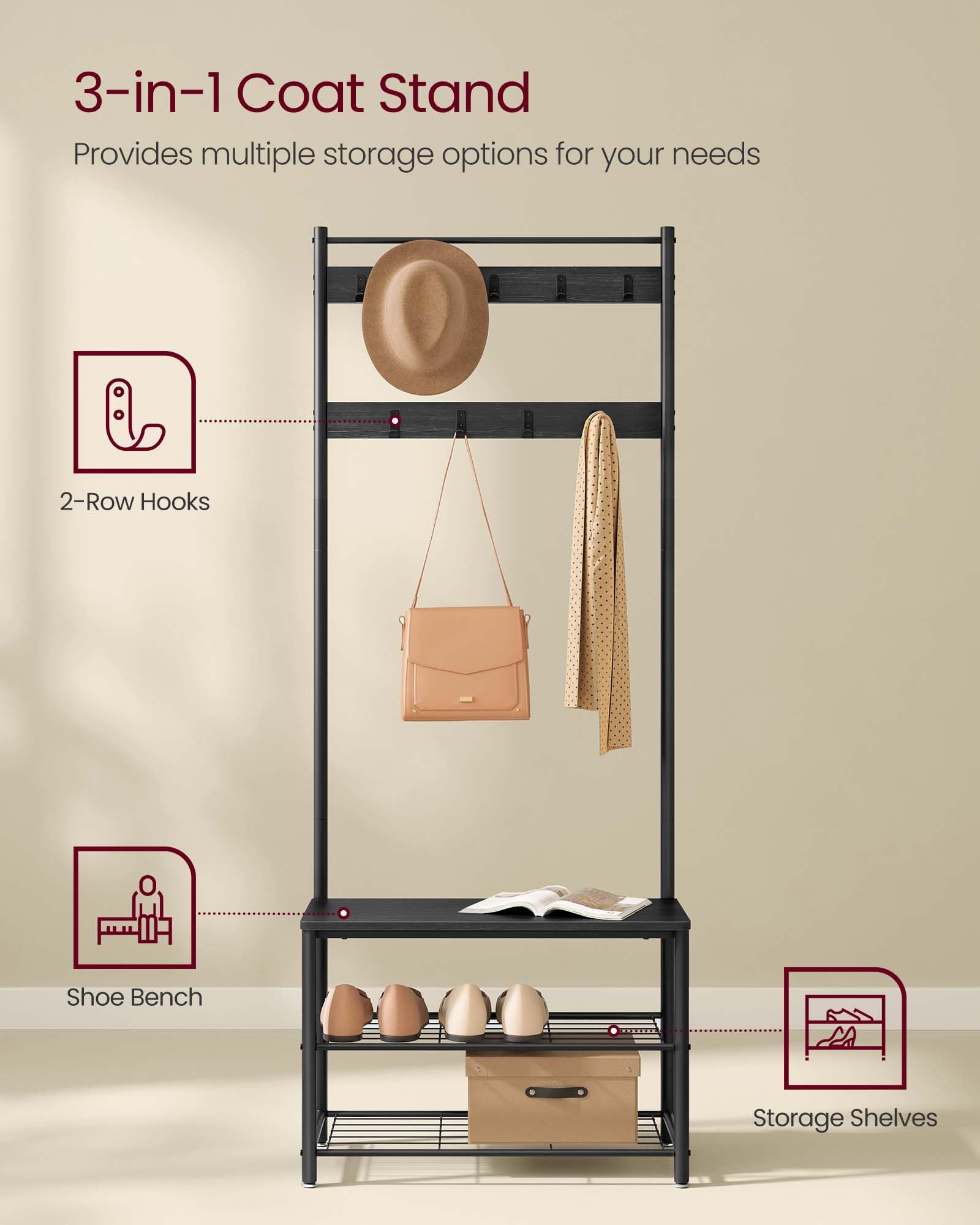 VASAGLE Coat Rack, Hall Tree with Shoe Storage Bench, Entryway Bench with Shoe Storage, 3-in-1