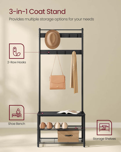 VASAGLE Coat Rack, Hall Tree with Shoe Storage Bench, Entryway Bench with Shoe Storage, 3-in-1