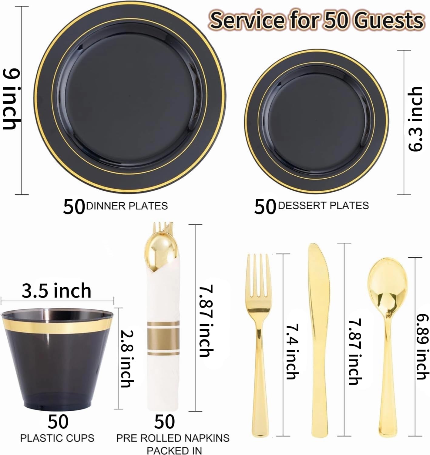 350 Pieces Black and Gold Plastic Plates with Disposable Silverware, Include 50 Dinner Plates 9”, 50 Dessert Plates 6.3”, 50 Black Cups 9 OZ, 50 Pre Rolled Napkins for Halloween new year