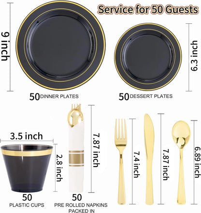 350 Pieces Black and Gold Plastic Plates with Disposable Silverware, Include 50 Dinner Plates 9”, 50 Dessert Plates 6.3”, 50 Black Cups 9 OZ, 50 Pre Rolled Napkins for Halloween new year