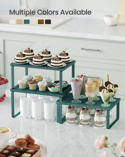 SONGMICS Cabinet Organizer Shelf, Set of 3 Kitchen Counter Shelves, Kitchen Storage, Spice Rack, Stackable, Expandable, Cascade Green UKCS220C01V1