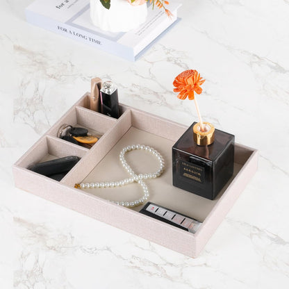 Desktop Storage Organizer, Nightstand or Dresser Organizer, Valet Tray, Entry Table Organizer, 4 Compartments,PU Leather Drawer Storage Organizer Decorative Trays. (Pearl White—2)
