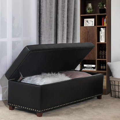 Joveco 47 Inch Storage Ottoman Bench,Tufted Leather Storage Bench with Nailhead Trim for Bedroom (47”,Black)