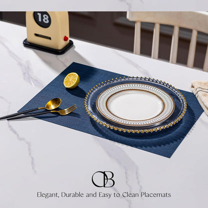 Placemats Set of 4 - Easy Clean Woven Vinyl Placemats for Dining Table, Indoor/Outdoor Place Mats, Washable PVC Table Mats（Navy Blue）