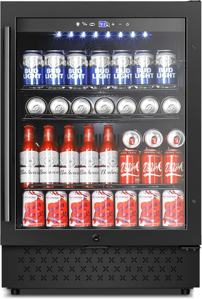 Tylza Beverage Refrigerator 24 Inch, Under Counter/Freestanding Drink Fridge, 190 Cans Beverage Cooler with Glass Door, Reversible Door, Low Noise, Quick Cooling - for Beer, Soda, ETC, Black