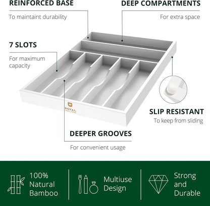 ROYAL CRAFT WOOD Luxury Bamboo Kitchen Drawer Organizer - Silverware Organizer - Utensil Holder and Cutlery Tray with Grooved Drawer Dividers for Flatware and Kitchen Utensils (7 Slot, White)