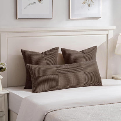 Fancy Homi Set of 2 Dark Brown Boho Long Lumbar Body Decorative Throw Pillow Cover 14x36 Inch for Bed Couch Bedroom Bench, Soft Patchwork Corduroy Textured Pillow Case, Rustic Farmhouse Room Décor