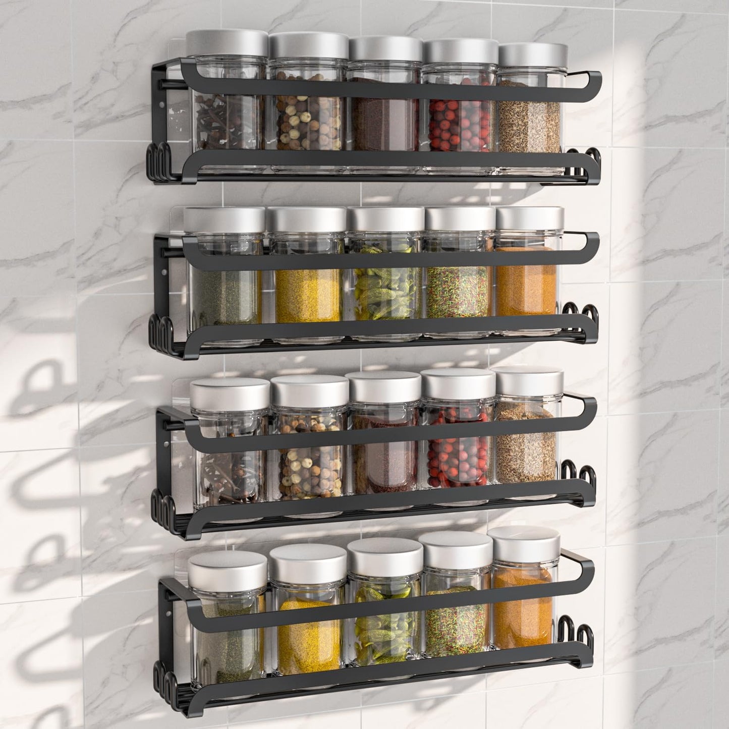 LUCYCAZ 4 Pack Wall Mounted Spice Rack with 16 Hooks, Spice Organizer Shelf for Stove Cabinet Pantry Door,Screw or Adhesive Spice Shelf Hanging Wall Spice Rack in Kitchen and RV (Black, 4 PACK)