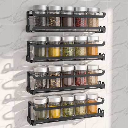 LUCYCAZ 4 Pack Wall Mounted Spice Rack with 16 Hooks, Spice Organizer Shelf for Stove Cabinet Pantry Door,Screw or Adhesive Spice Shelf Hanging Wall Spice Rack in Kitchen and RV (Black, 4 PACK)