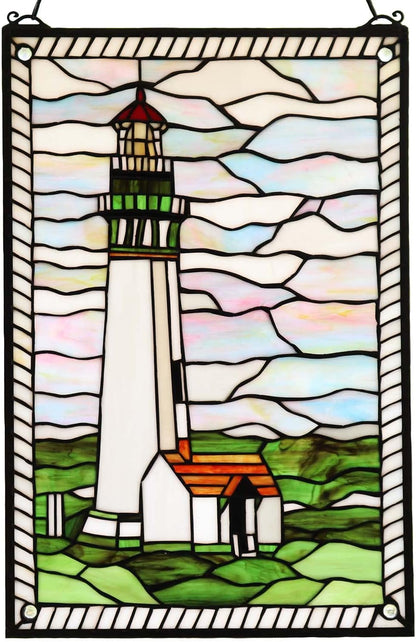 Bieye W10005 Pigeon Point Lighthouse Tiffany Style Stained Glass Window Panel with Hanging Chain, 15" W x 23" H
