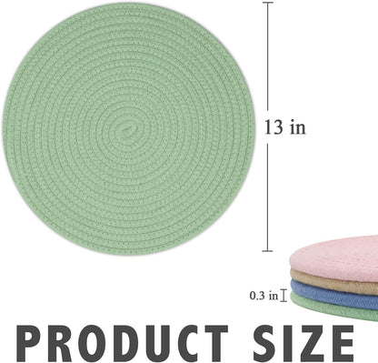 Round Placemats Set of 6, Cotton Rope Woven Table Mats, Hot Pads for Kitchen, Non Slip Heat Resistant Place Mats, 13 Inches Braided Placemat for Farmhouse Decor and Kitchen Table Decor (Green)