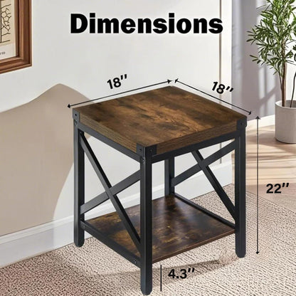 End Table Large Side Table for Living Room, Rustic Farmhouse End Tables with 2-Tier Storage, Square Nightstand Bedside Table X-Design Metal Frame, Brown (Wind, Brown)