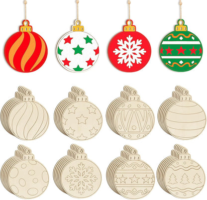80PCS Wooden Christmas Ornaments to Paint, 8 Styles DIY Blank Unfinished Wood Christmas Ball Christmas Decoration Cutouts Ornament for Crafts Winter Hanging Decorations