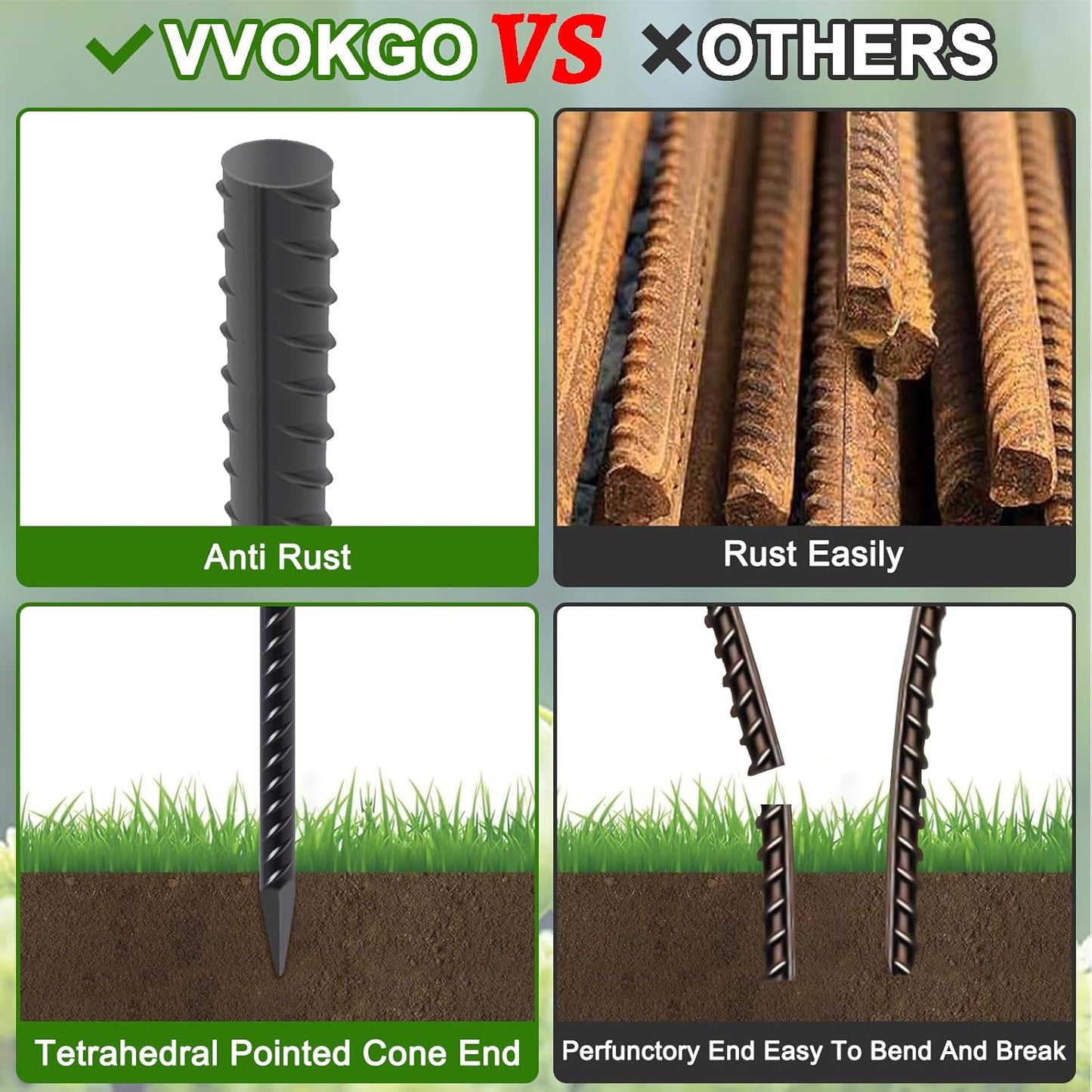 VVOKGO Rebar Stakes 24 Inch Ground Straight Concrete Form Stakes Heavy Duty (16pcs), 3/8" Diameter Metal Steel Spikes Anchors with Chisel Point End for Plant Support, Garden Border,Landscape Edging