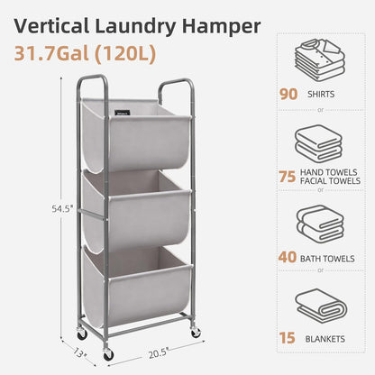 STORAGE MANIAC 120 Liters Vertical Rolling Laundry Hamper, 3 Section Laundry Sorter with Wheels and 2 Breaks, 3-tier Laundry Baskets for Small Space, Dorm, Laundry Room, Closet, Bathroom, Gray 3-tier