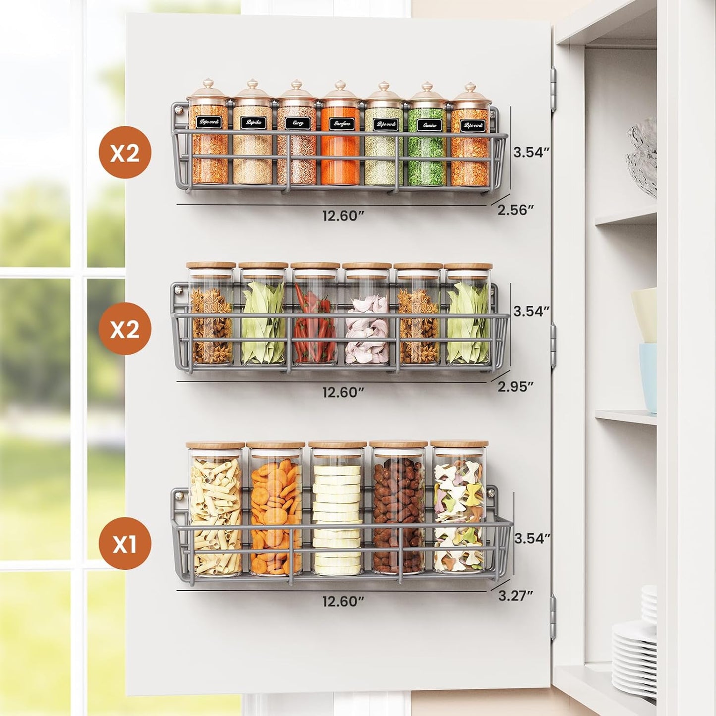 5 Pack Spice Rack Seasoning Organizer Wall Mount, Screw or Adhesive Hanging Shelf Basket Spice Organizer Shelf for Kitchen, Gray