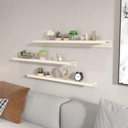 Giftgarden 47 Inch Floating Shelves for Wall Creamy White Beige Wood-Grain, Long Picture Ledge Large Wooden Photo Shelf for Living Room Bedroom Nursery Office, Set of 3 Different Sizes