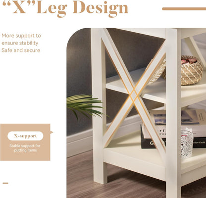 ALPHA HOME Side Table, Farmhouse End Table Set of 2, Bedside Table 3-Tier Storage Shelf for Small Spaces, Sofa Couch Table, Coffee Table, Nightstands Set for Living Room, Bed Room, Ivory
