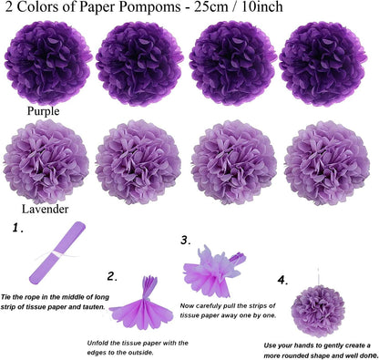 ZERODECO Party Decoration, 21 Pcs Purple and Lavender Hanging Paper Fans, Pom Poms Flowers, Garlands String Polka Dot and Triangle Bunting Flags for Birthday Parties, Wedding, Mermaid Party