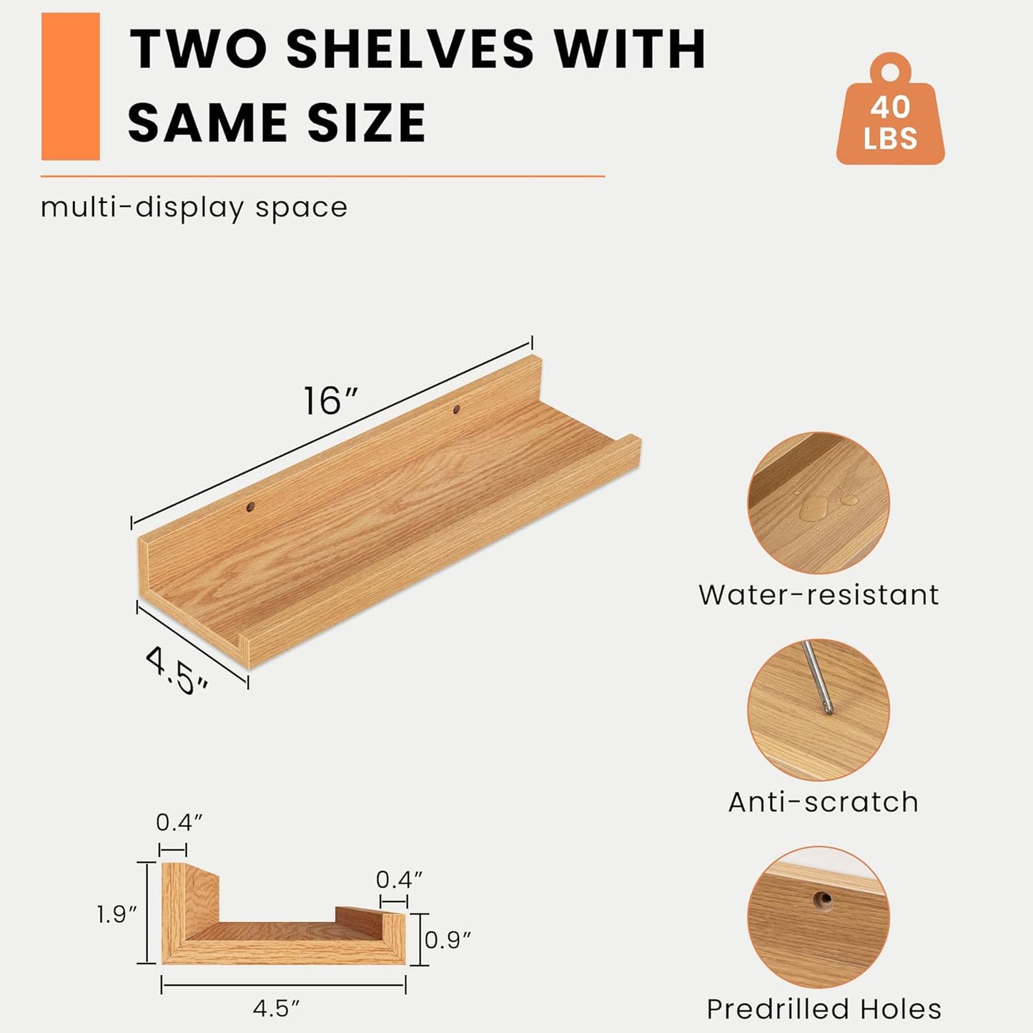 Heimlove Picture Ledge Shelf, Small Floating Shelves Set of 2, 16 Inches Picture Shelf for Wall with Ledge, Kids Bookshelf Wall Mounted for Living Room Bedroom Decor Books Photo Frames, Oak