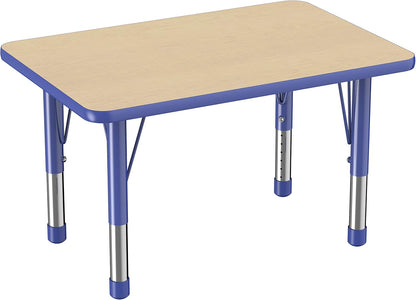 FDP Rectangle Activity School and Classroom Kids Table (24 x 36 inch), Chunky Toddler Leg, Adjustable Height 15-24 inches - Maple Top and Blue Edge