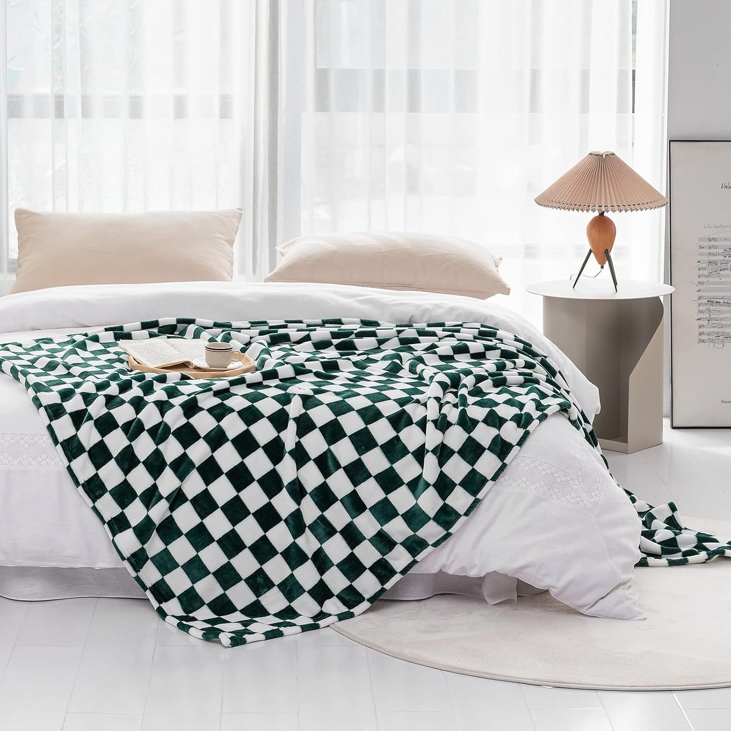 LOMAO Throw Blankets Flannel Blanket with Checkerboard Grid Pattern Soft Throw Blanket for Couch, Bed, Sofa Luxurious Warm and Cozy for All Seasons (Green, 60"x80")