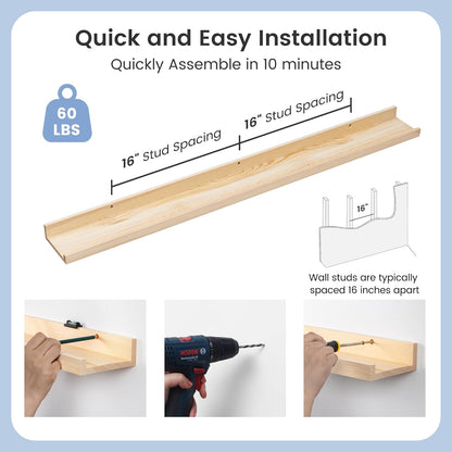 Picture Ledge Shelf for Wall, 48 inches Solid Pine Wood Nursery Book Shelves 3 Packs, Floating Ledge Shelves for Kids' Room Bedroom Bathroom Long Floating Shelves for Wall Nursey Wall Decor, Natural