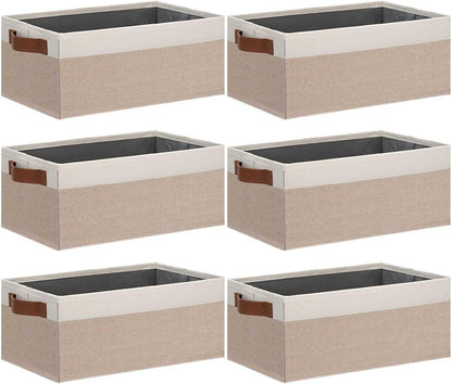 GhvyenntteS Small Fabric Storage Bins 6 Pack, 11.8" x 7.87" x 5.11" Storage Basket with Leather Handles, Closet Storage Bins for Shelves, Storage Baskets for Shelves, DVD Storage (Pink/White)