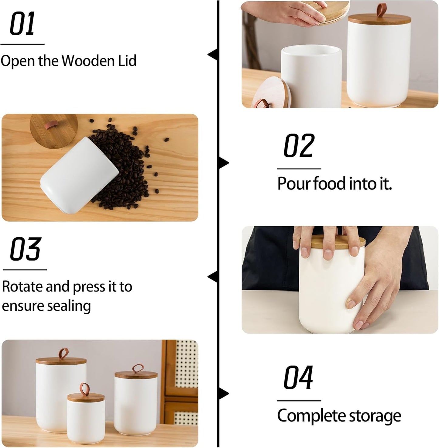 White Canister Sets for Kitchen, 3pcs Ceramic Canisters with Airtight Wooden Lid, Food Storage Jar, Large Kitchen Storage Containers for Serving Coffee Beans, Tea, Sugar, Salt, Spices